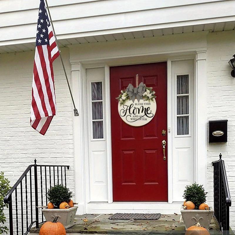 Round Flower Wreath Wooden Welcome Hanging Ornament for Front Door Outdoor Fall Decor Welcome Bow Knot Christmas Decoration