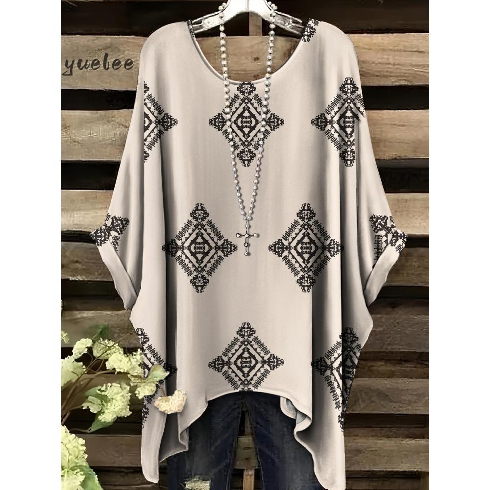 Damenbekleidung Bohemian Floral Tunika Übergröße Damen Bohemian Floralprint Tunika T-Shirt Kurzarm O-Ausschnitt Freizeitkleidung