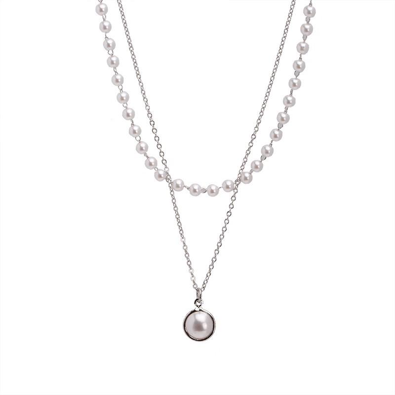 Retro Japanese & Korean Double-Layer Imitation Pearl Pendant Necklace - Niche & Versatile Design