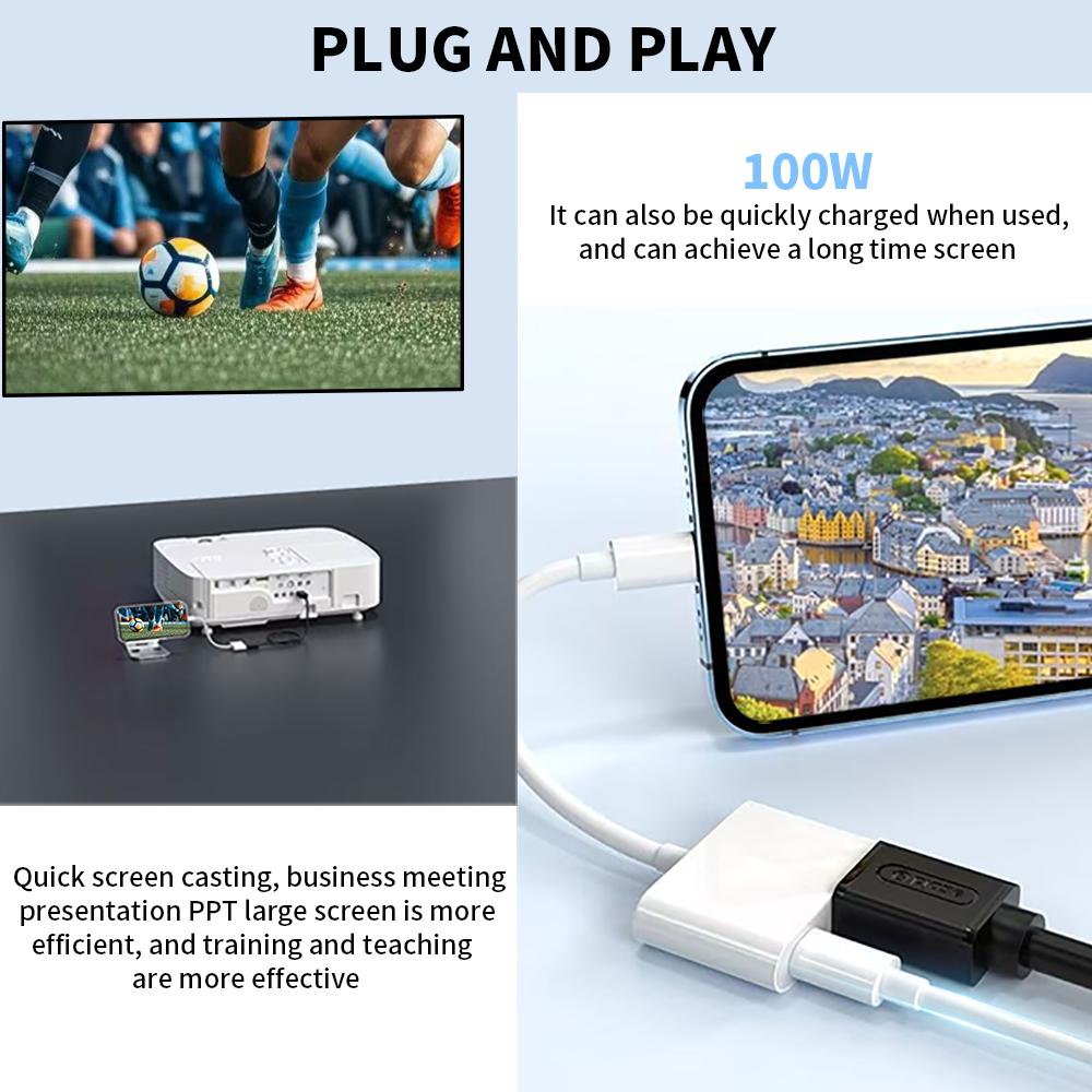 Type-C to HD Adapter with Charging Port 2 in 1 Screen Mirroring Audio Video Sync Converter for TV Monitor Projector