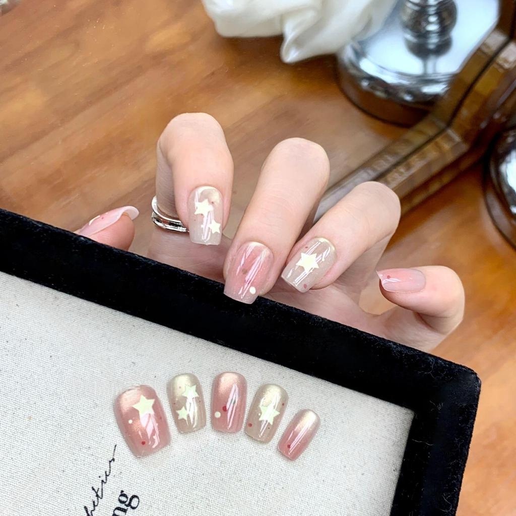 Blush French Cat Eye Princess Bow Nails - Handmade Wearable Nail Art