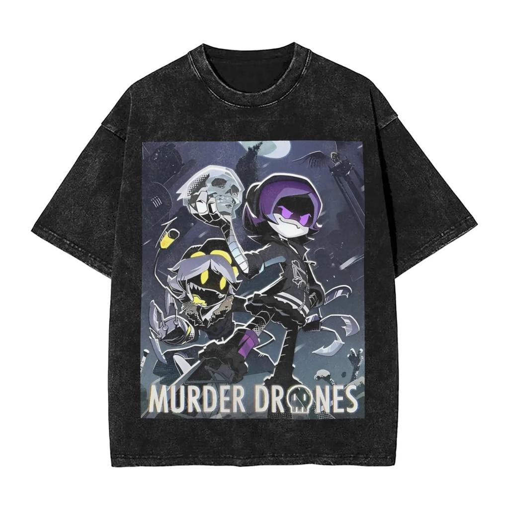 Science Fiction Adventure Anima Murder Drones TShirt Unisex Women Vintage Washed Cotton Summer Tee Harajuku Fashion Oversized Tops