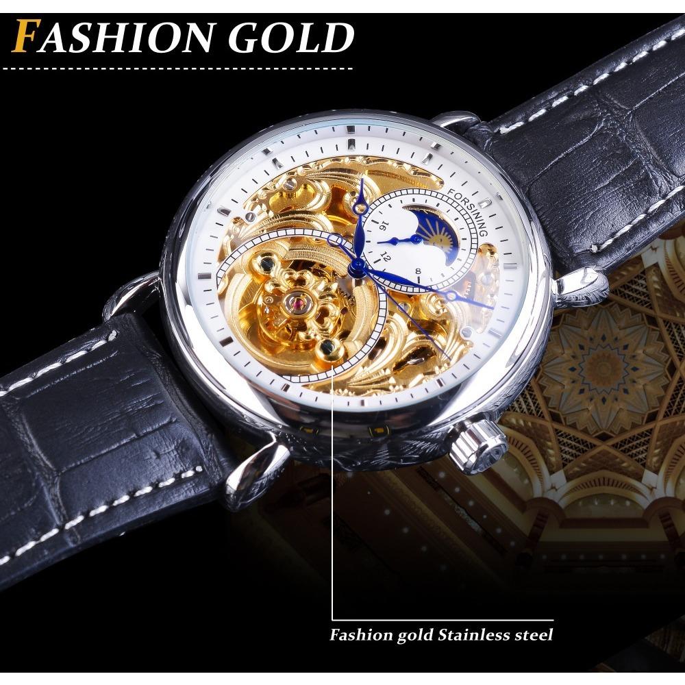 Forsining Erkek Moda Rahat İçi Boş Ay Evresi Oymalı İçi Boş Otomatik Mekanik Saat GMT1125-1-A