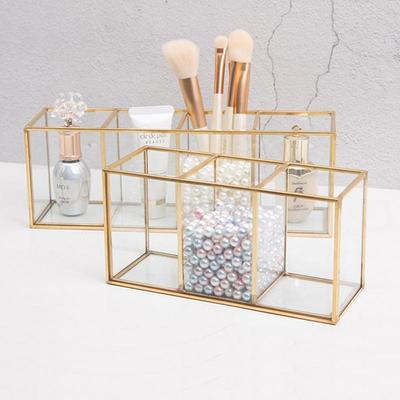 Transparente Glas-Make-up-Pinsel-Aufbewahrungsbox, goldfarbener Kosmetikbehälter, Ring, Bleistift, Lippenstift, Halter, Make-up-Pinsel-Organizer