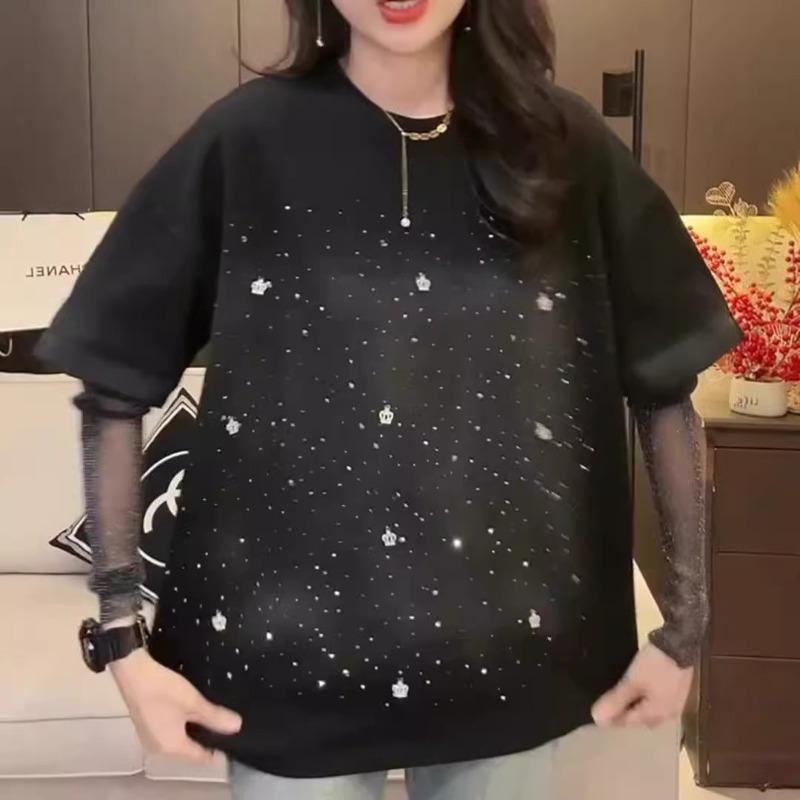 Women's Plus Size Mesh Stitching Age Reduction Long Sleeve Design Sense Crown Ironing Drill Blouse