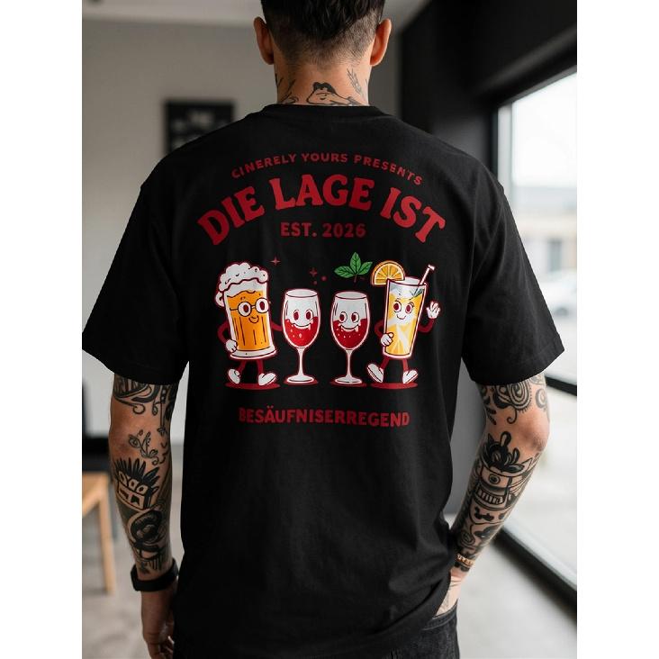Funny Beer T-Shirt - Back Print "Die Lage Ist" & "Est 2026 Besaufeniseregend" Slogan, Casual Round Neck Short Sleeve Shirt Suitable for Parties,