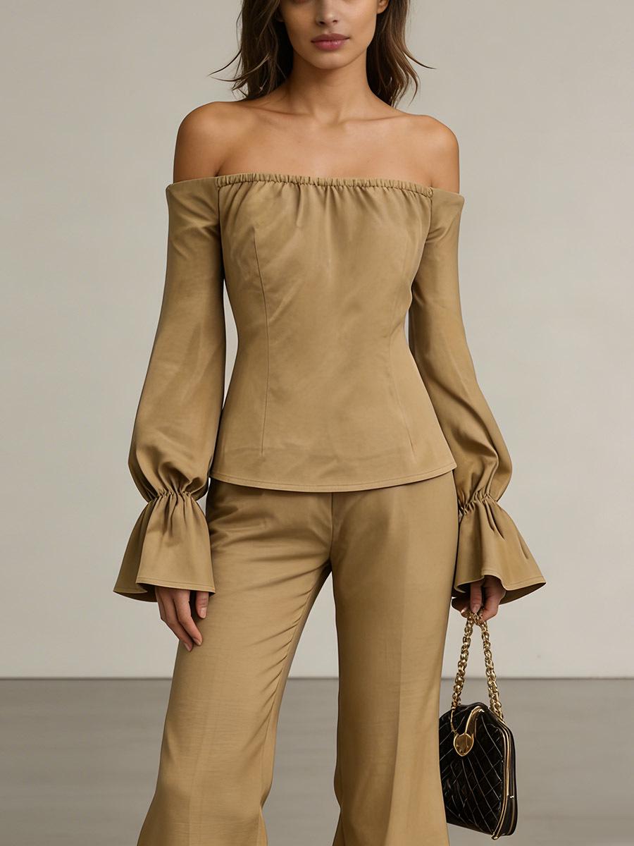 Elegant 2026 Bubble Sleeve Off-the-Shoulder Two-Piece Set with Wide-Leg Pants Extra Large