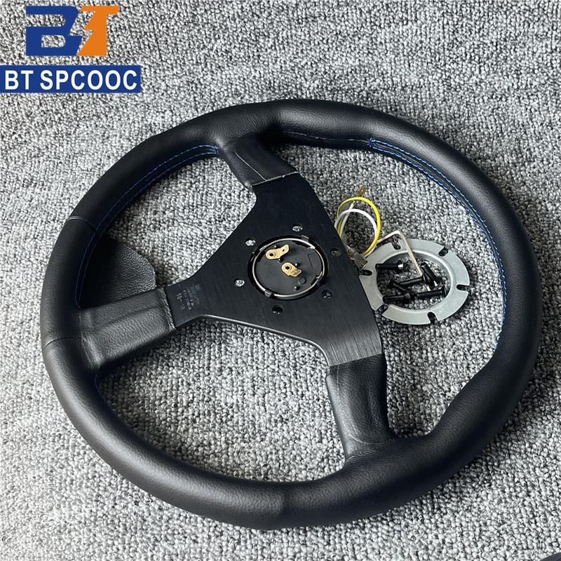 Blue Yellow Stitching Italy Style V1 Steering Wheel Real Leather 14inch 350mm Flat Italy Back Engraving Racing Street Sport
