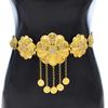 Gold Large Flower Rhinestone Long Chain Coin Tassel Metal Belt Body Jewelry