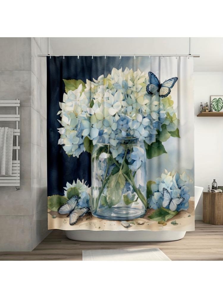 

1pc White Hydrangeas Jar Print Shower Curtain, Durable Polyester, Easy Clean, for Bathroom Decor W90xH180cm