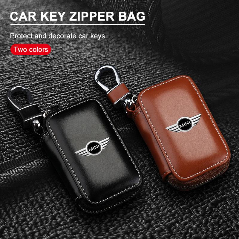 1Pcs Leather Emblem Car Key Case Keychain Zipper Key Case Bag For Mini Cooper One S Clubman R50 R53 R56 R60 F55 F56 R57 R58 R59