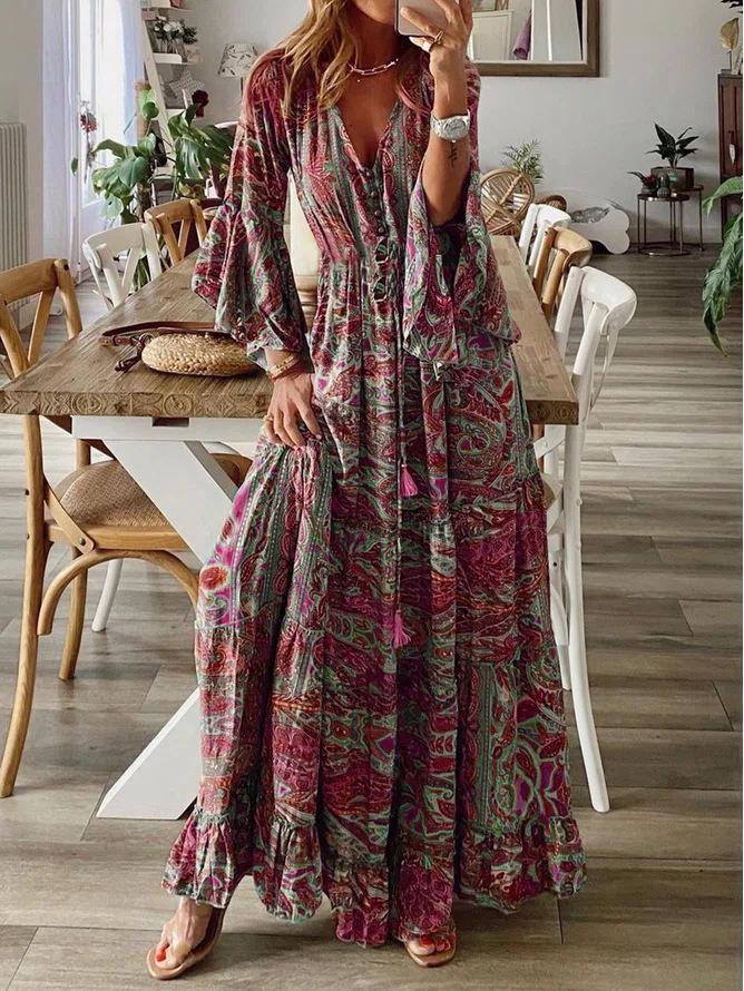 2023 Bohemian Style V-Neck Bell Sleeve High Waist Floral Vacation Dress for Women