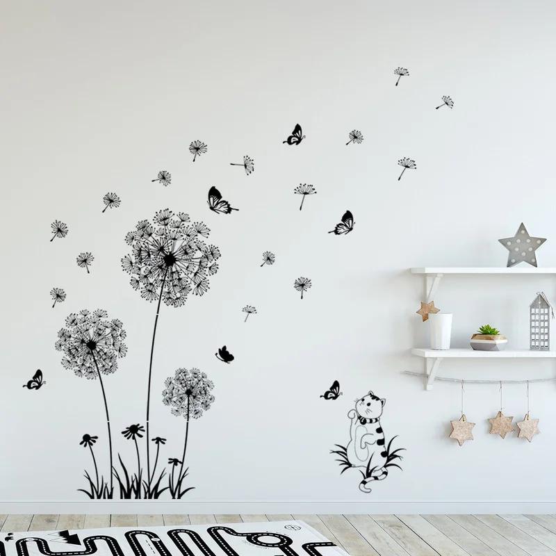 Niedliche Katze Schwarzer Löwenzahn Wandaufkleber Schmetterlinge Wand Wohnzimmer Schlafzimmer Fensterdekoration Wandbild Kunstaufkleber Heimdeko Aufkleber