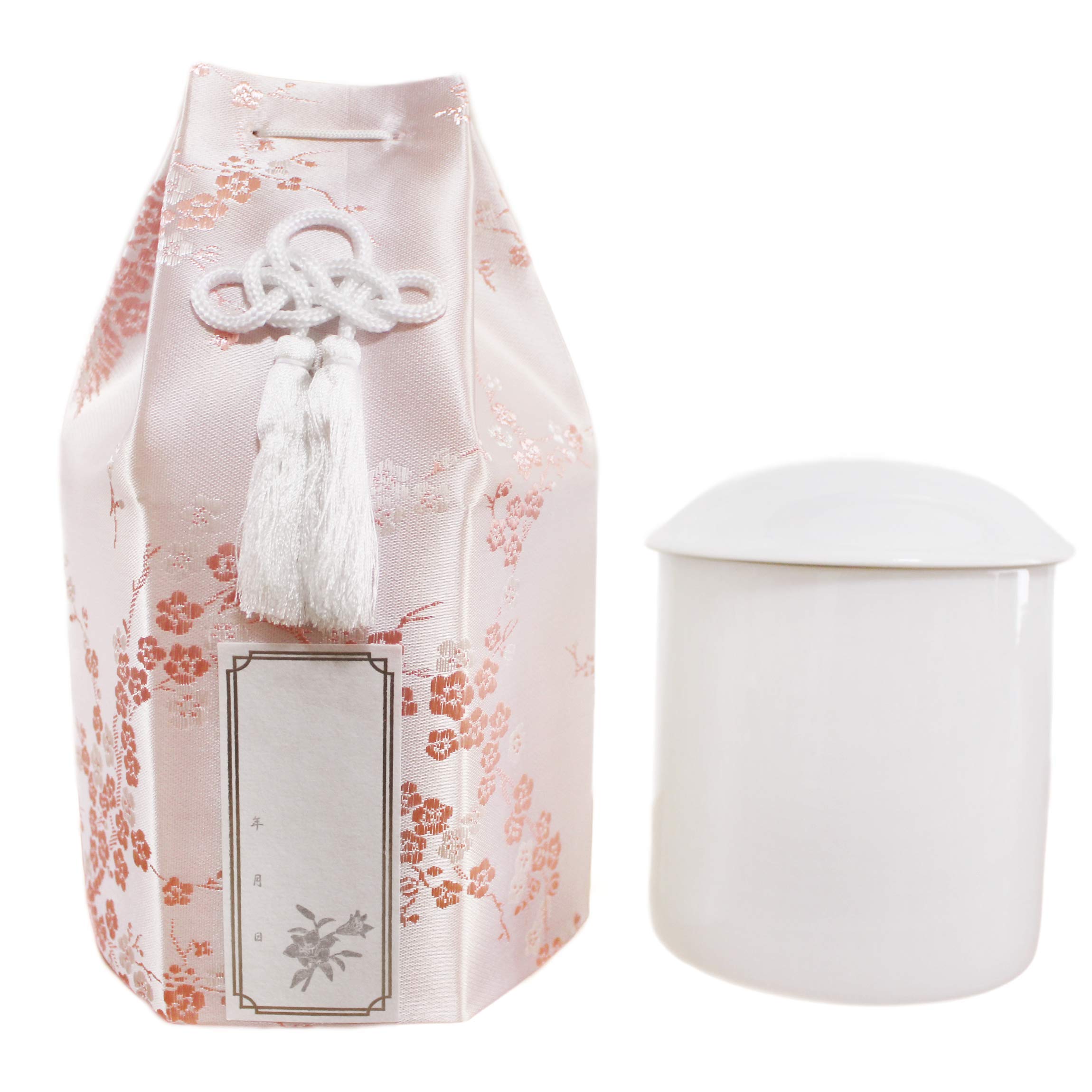 

Buddhist Urn, Plum Blossom Design, Silk, with Posthumous Buddhist Name Sticker, 3.5 inches, Pink, with Covering Bag