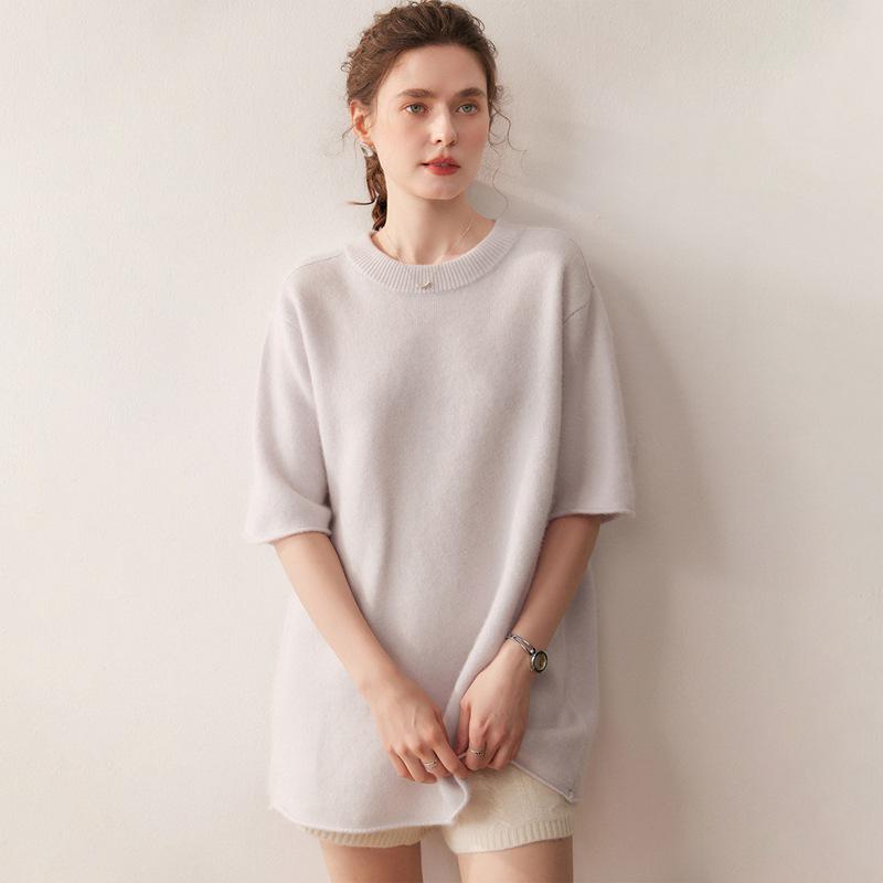 Women's Mid-Length Cashmere Knit Pullover - Five-Point Sleeves, Round Neck, Elegant Simplicity