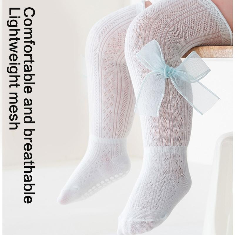 Kids Lace Pattern Over Knee Stockings Soft Combed Cotton Summer Thin Style Beige Color For Daily Wear