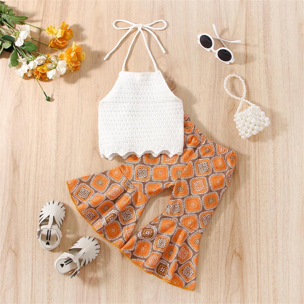 Baby Girls Summer Outfits Summer Sleeveless Halterneck Tops and Geometric Print Casual Flared Pants Set