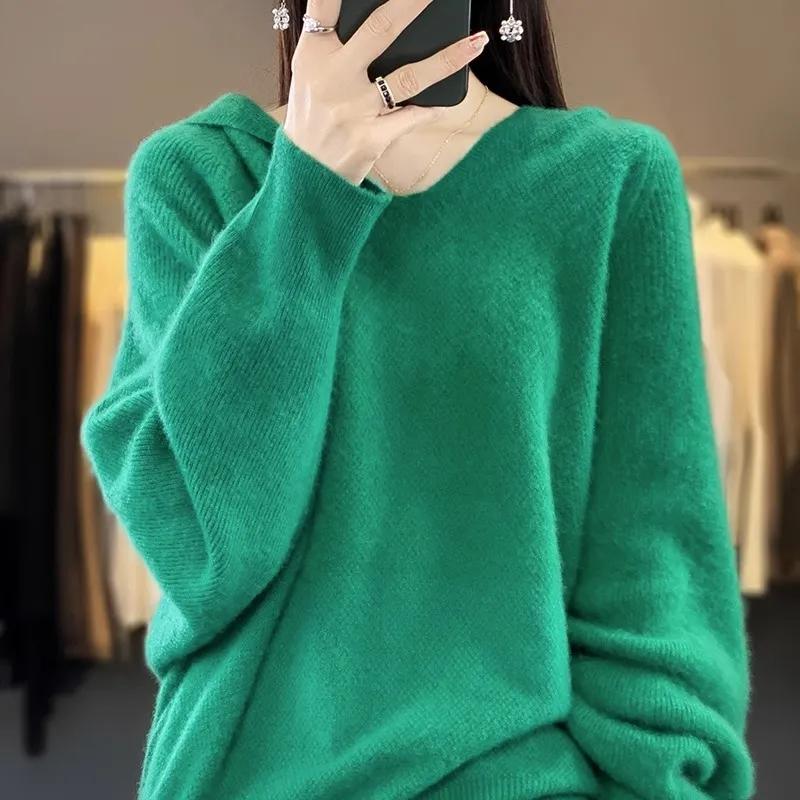 

Осень-зима ленивый стиль топ женский свитер повседневный толстовка с капюшоном длинный рукав вязаный пуловер XXXL зелёный