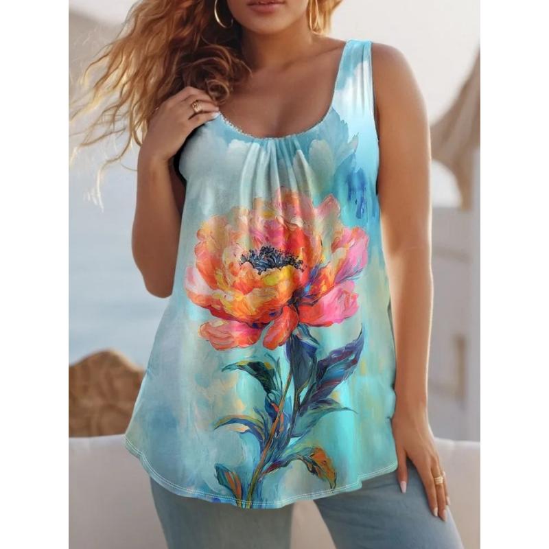 Fashion Women s V-Neck T-Shirt 3D Flower Color Printing Sleeveless V-Neck T-Shirt S