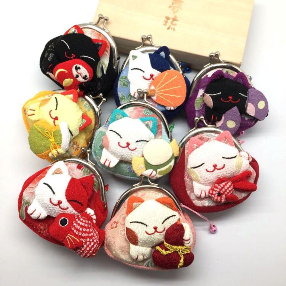 Doll Maneki Neko Coin Purse Flower Printing Card Holder Simple Lucky Cat Clutch Bag Travel