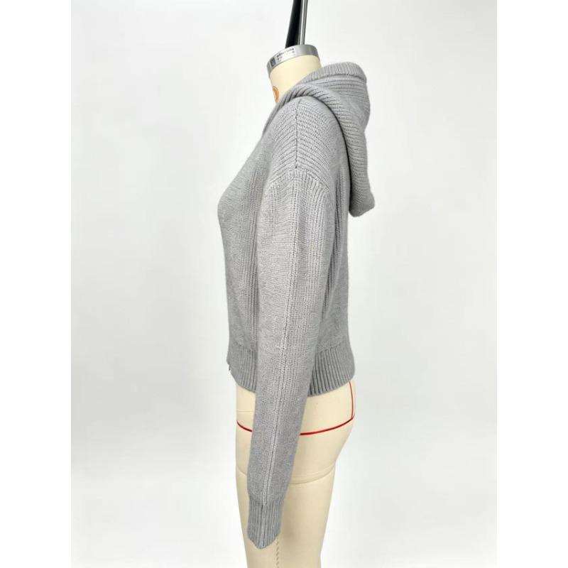 Women Waffle Textured Short Hooded Knit Double Zipper Cardigan Sweater Outerwear