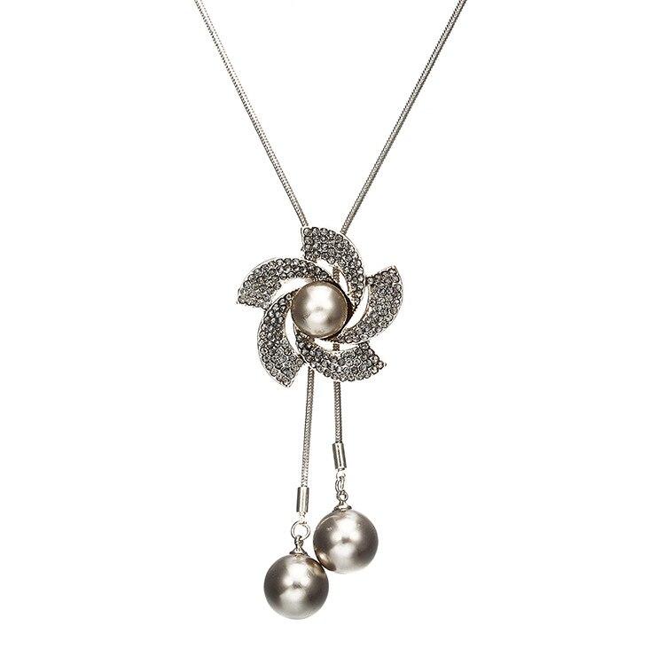 Elegant Look Simulated Pearl Long Necklaces Women Bijoux Stylish Crystalline Flower Stylish Jewelry Sweater Necklaces PendantsElegant Pendant Necklace