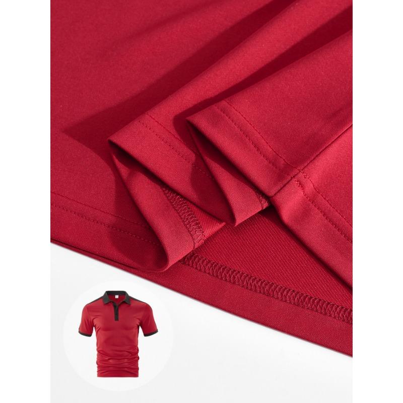 Men's Red Black Color Block Polo Shirt, Casual Short Sleeve Contrast Collar Performance Golf Top