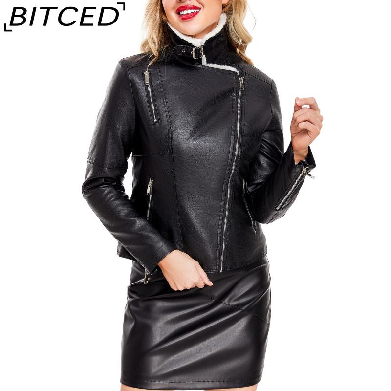 BITCED Autumn/Winter Faux Fur-Lined Leather Jacket for Women with Fleece Lining, Long Sleeves, Warm Coat, Casual Style