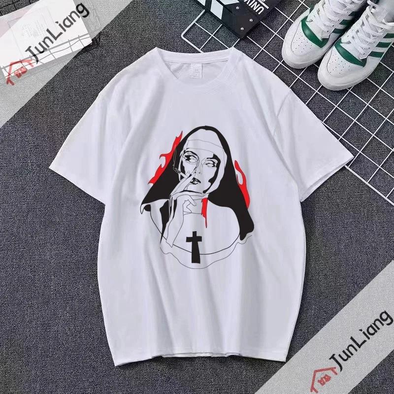 Smoking and Drinking Nuns Religious T-shirt, Cute Unisex T-shirt Short Sleeved Summer Crew-neck Plus Size Breathable Clothing