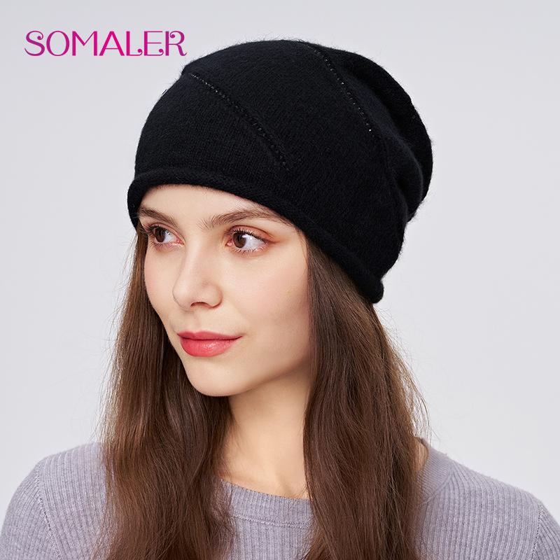 

SOMALER Женская зимняя шапка из ангоры, толстая теплая вязаная шапка-бини с драгоценными камнями, модный берет с отворотом, уличные шапки One Size чёрный