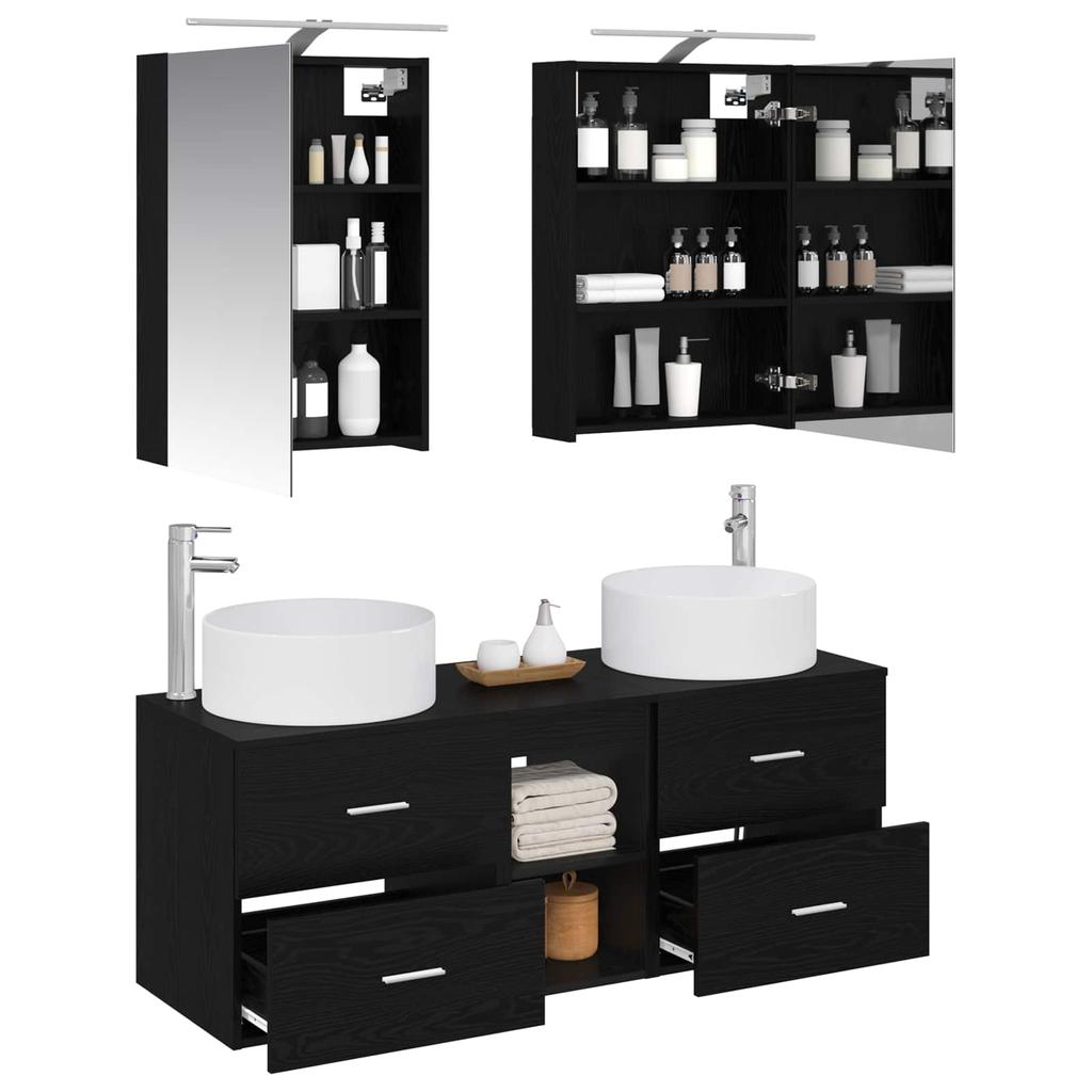 5 Piece Bathroom Furniture Set Black Oak Engineered Wood and Glass
