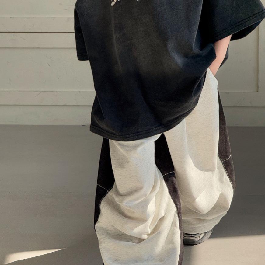 2025 Boys Denim Color Block Wide Leg Sweatpants - Casual Loose Fit, Pleated Straight-Leg Design