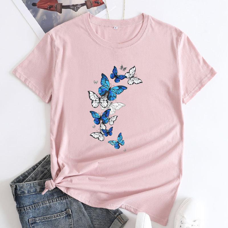 Summer Round Neck Fluttering Butterfly Pattern Printed Top Fashionable Casual Short Sleeved Women's Pure Cotton T-shirts