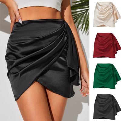 Summer Satin Pleated European and American Simple Solid Color High Waist Women's Clothing Hip Skirt Irregular