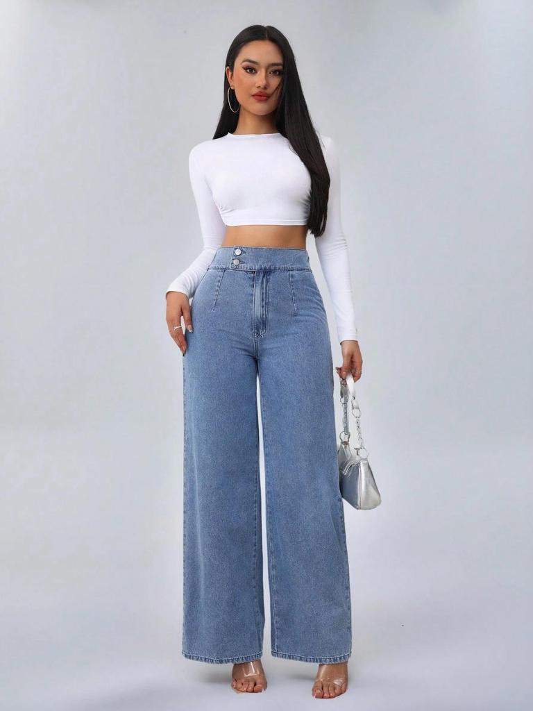 Heißer Artikel! Damen High Waist Lässige Lockere Weite Bein Jeans - Blau