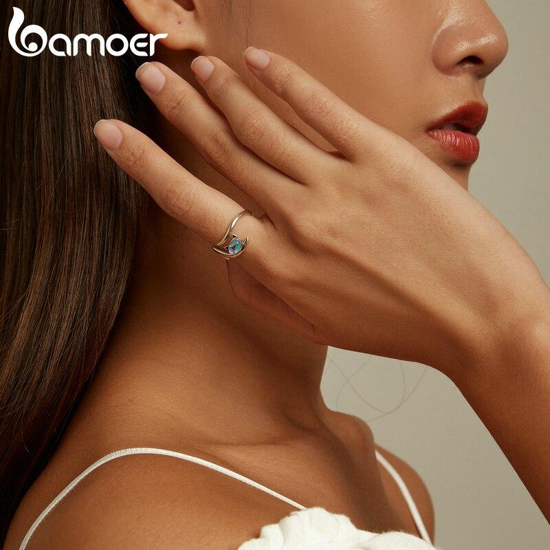 Bamoer Genuine 925 Sterling Silver Moonstone Cat Open Ring for Women New Trendy Girl Ring Women Statement Jewelry Exqusite Gift