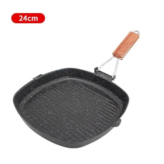 Sartén para carne, parrilla portátil antiadherente de hierro fundido, plancha cuadrada profunda con asas de madera plegables.