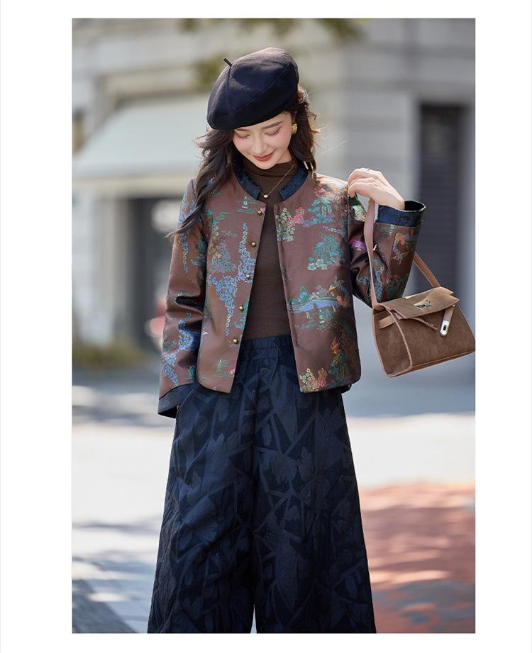 Women's New Chinese Style Jacquard Down Jacket & Wide-Leg Pants Set