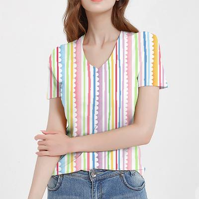 Fashion Spring Stripe Print Blouses Short Sleeved V-Neck T Shirts Casual