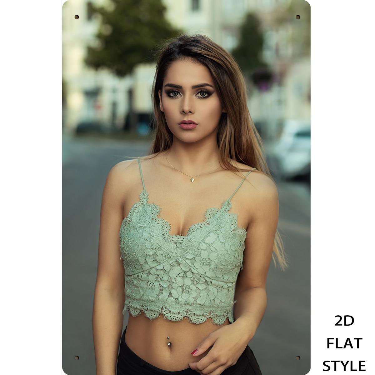 

HD Metal Tin Sign Beautiful Model in Green Lace Crop Top Street Style Portrait Wall Art Decor 20x30cm（7.8x11.8inch）