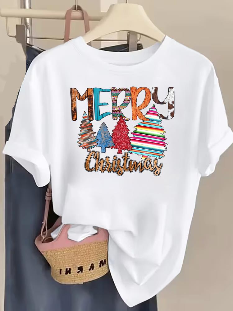 (Asian Size) watercolor trend Tee Top Christmas Festival New Year Clothing T Shirt Women Fashion Print Female Woman Short Sleeve Graphic T-shirts