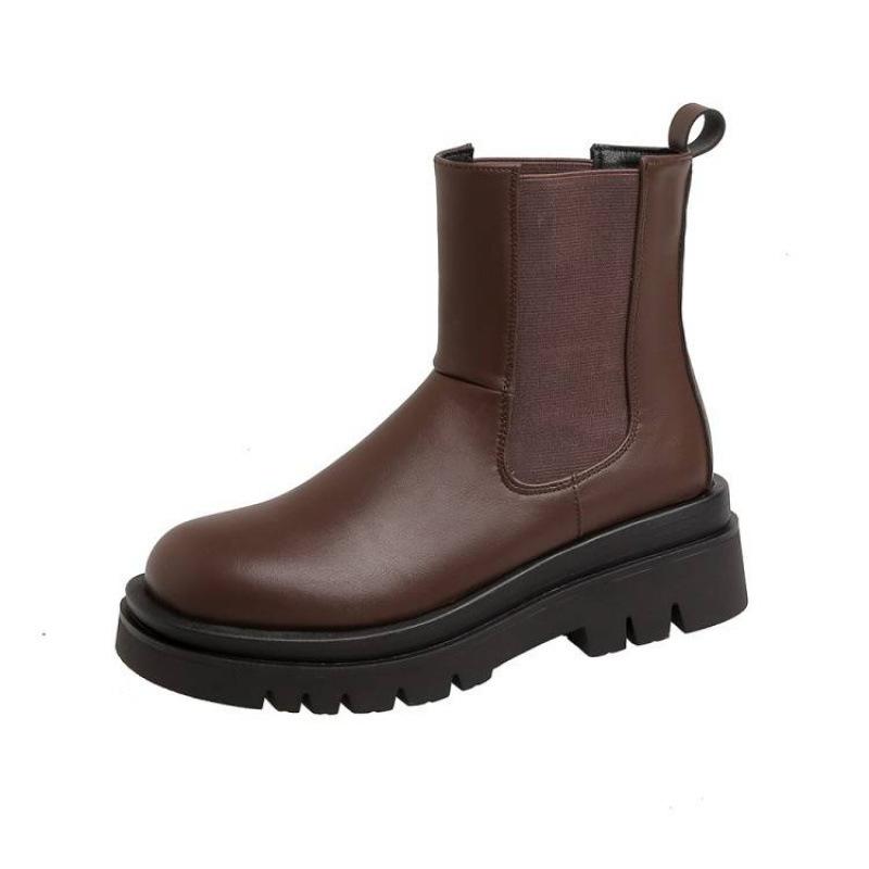 Autumn and winter round head thick sole large size women's boots sleeve solid color medium heel non-slip Martin boots new square heel medium boots