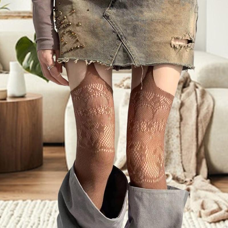 Women Hollowout Garter Belt Pantyhose Flower Lace Patterned Sheer Thigh High Stockings Suspender Strap Tights Hosiery