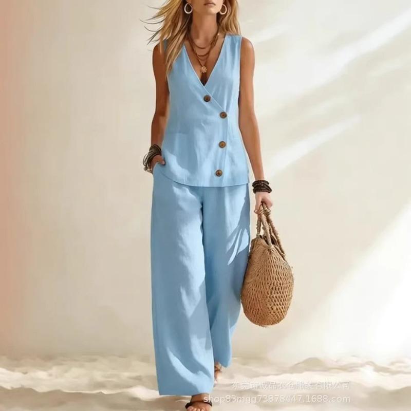 Womens Sleeveless Button Vest And Wide Leg Pants Set