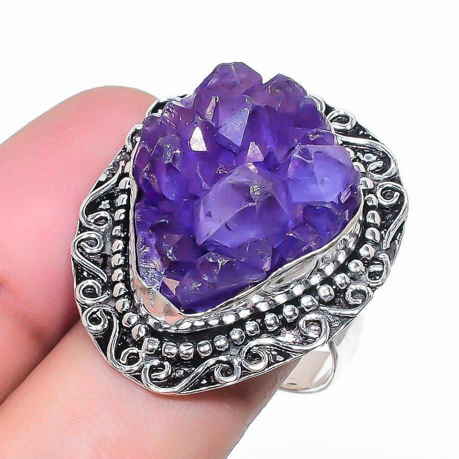Natural Amethyst Druzy Gemstone 925 Sterling Silver Jewelry Ring Size 8 AR-16918