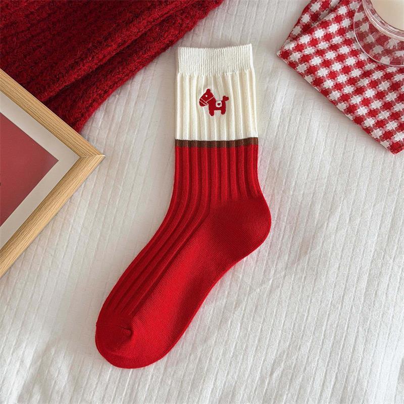 1/5 Pairs The Year Of The Horse Pony Red Socks Autumn Winter Warm Socks Unisex Mid-Calf Socks Festive Lucky  Year Socks Gifts