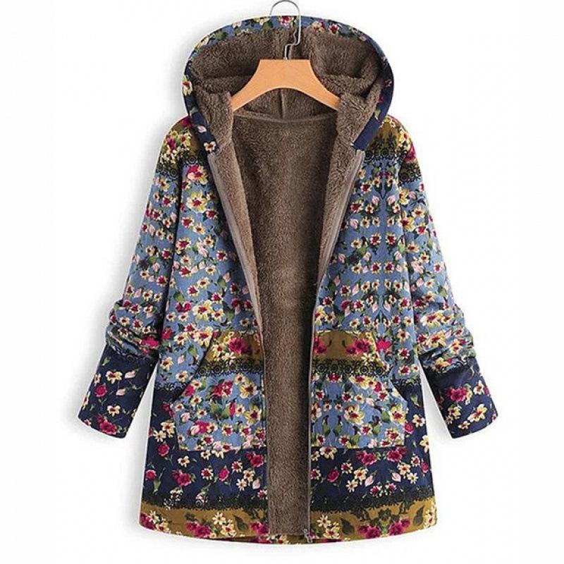 Jacket series casual printing cotton and linen printing plush inner hooded zipper women's clothing new