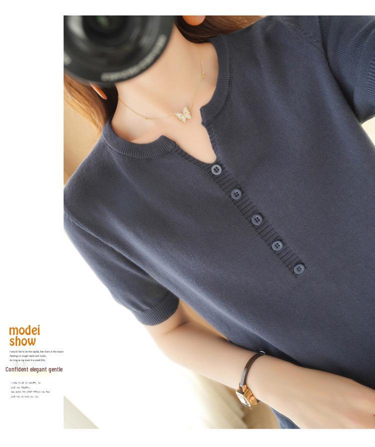 Women's Cotton Linen V-Neck Short Sleeve Button-Up Top