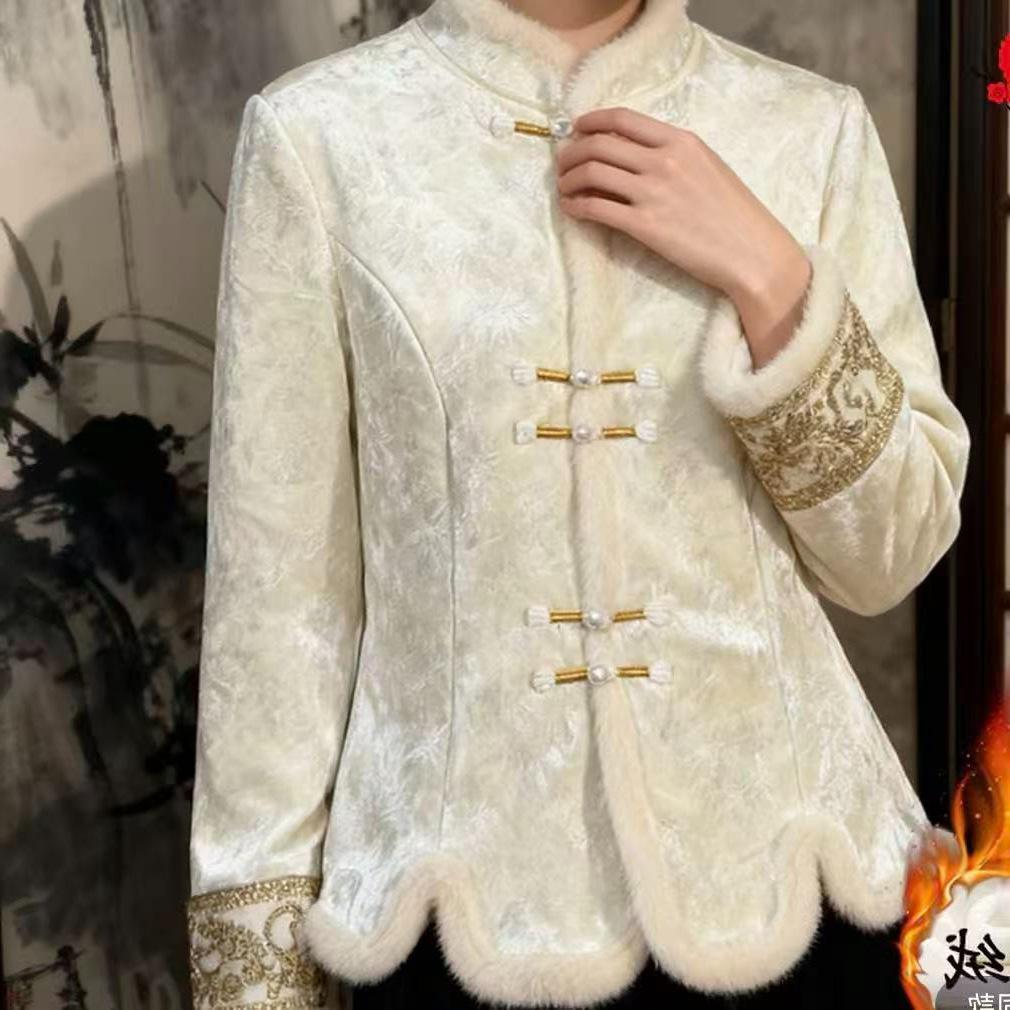 Women's Winter Elegant Chinese Jacquard Stand Collar Shirt with Frog Buttons and Velvet Lining
