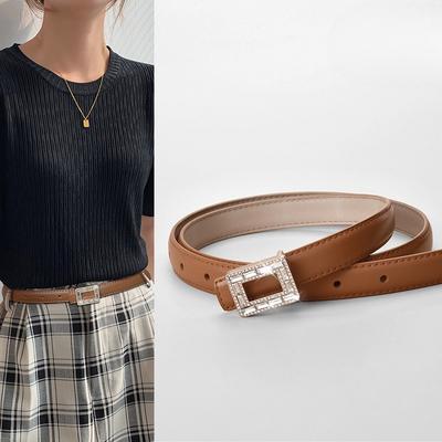 New Women's Belt Inlaid with Crystal Diamond Square Buckle Decorative Strap Versatile Women's Genuine Leather Smooth Buckle Belt